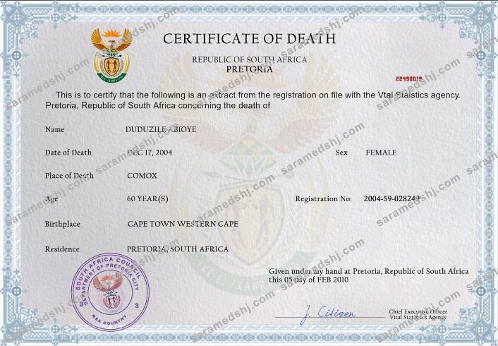 South Africa death certificate PSD template